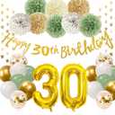 30th Birthday Decorations for Her Him,Happy 30th Birthday Banner with Number 30 Foil Balloon White Gold Sage Green Birthday Balloons Paper Pom Poms for Women Men 30 Year Old Birthday Party Decor