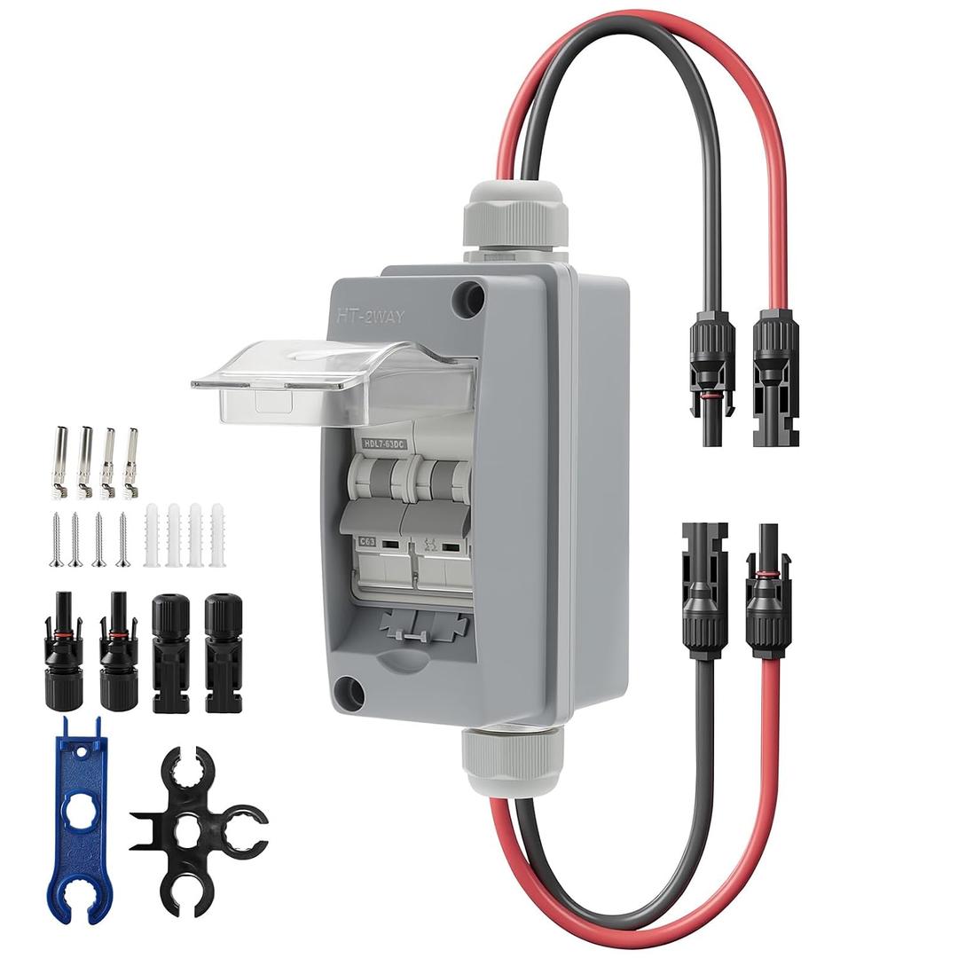 Solar Panel Disconnect Switch, 1000V 30A 2 Poles PV Disconnect Switch, DC Miniature Circuit Breaker IP65 Waterproof Box, for Outdoor PV Stystem, Battery, PV Array MCB DIN Rail