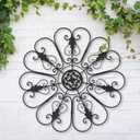Glitzhome Outdoor Metal Wall Art Decor, Large Wrought Iron Scroll Wall Decor with Floral Design, Matte Black Finish, 23.75" D Exterior Garden Patio Porch Wall Decor, 23.8"L x 23.8"W