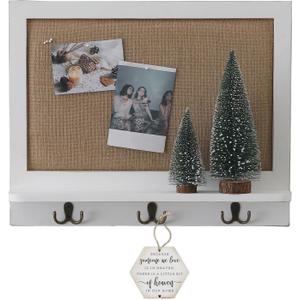 SOFE Linen Bulletin Board White Framed, Message Board with 3 Dual-Prong Key Holder Hooks, Photo Display Boards, Key Rack Wall Mount, Living Room, Dining Room, Hallways Decor