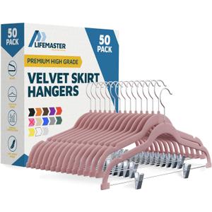 Velvet Pants Hangers  with Adjustable Clips, 360 Degree Swivel Hook, and Non-Slip Shoulder Notch, Holds Up to 10 lbs, for Organizing Skirt, Pants, Dress, and Clothes, Pack of 50, Pink