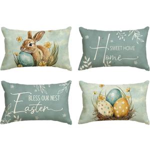 AVOIN colorlife Easter Bless Our Nest Rabbit Easter Eggs Blue Throw Pillow Covers, 12 x 20 Inch Home Sweet Home Eucalyptus Leaves Cushion Case Decoration for Sofa Couch Set of 4