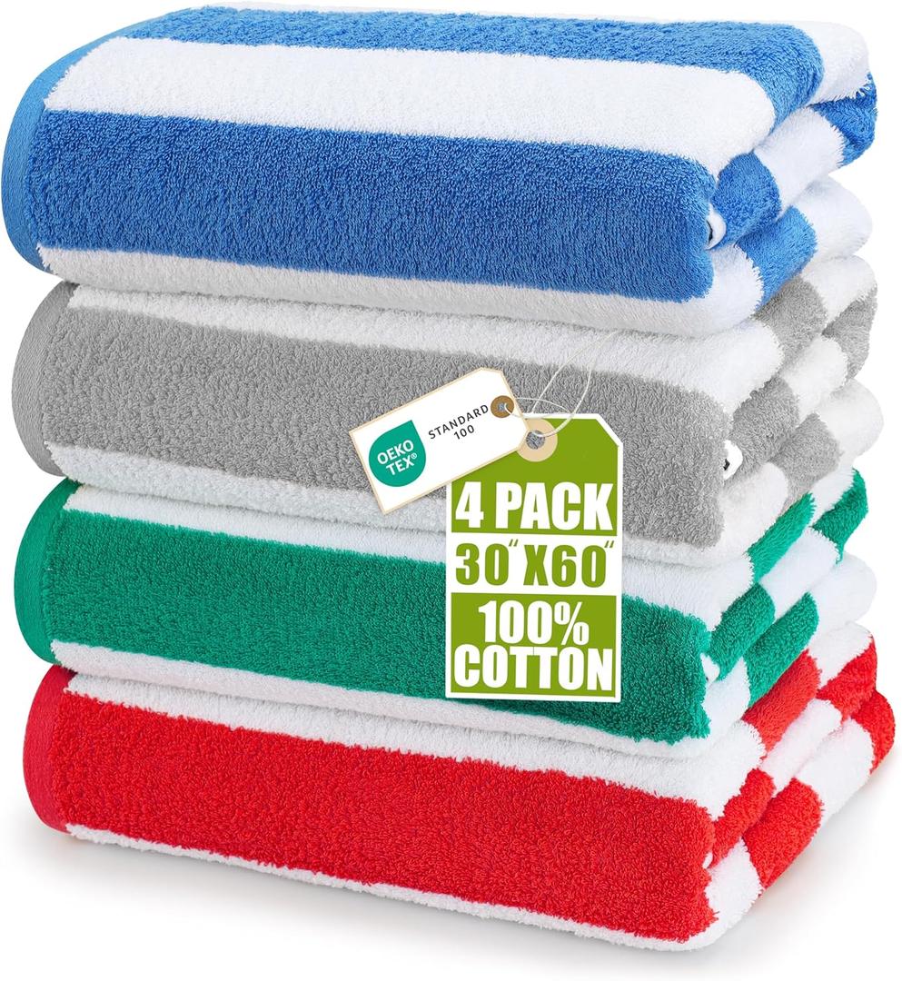 Utopia Towels Pack of 4 Cabana Beach Towels, Oversized 30 x 60 Inches Cotton Beach Towel Set, Smooth Ring Spun Texture for Pool and Swim Days, Modern Striped Design Bath Towels (Blue, Grey, Red, Green)