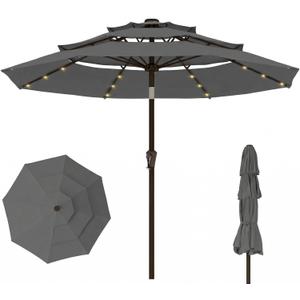 10ft 3-Tier Patio Umbrella with 32 Solar Powered LED Lights, Windproof Outdoor Market Umbrella for Deck, Poolside & Garden, Sturdy Push-Button Tilt Table Umbrella, Gray