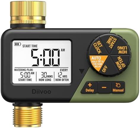 Diivoo Brass Sprinkler Timer, IP66 Waterproof Programmable Hose Timers for Watering with Large Display, Rain Delay & Manual Mode for Outdoor Automatic Irrigation of Garden, Lawn, Yard