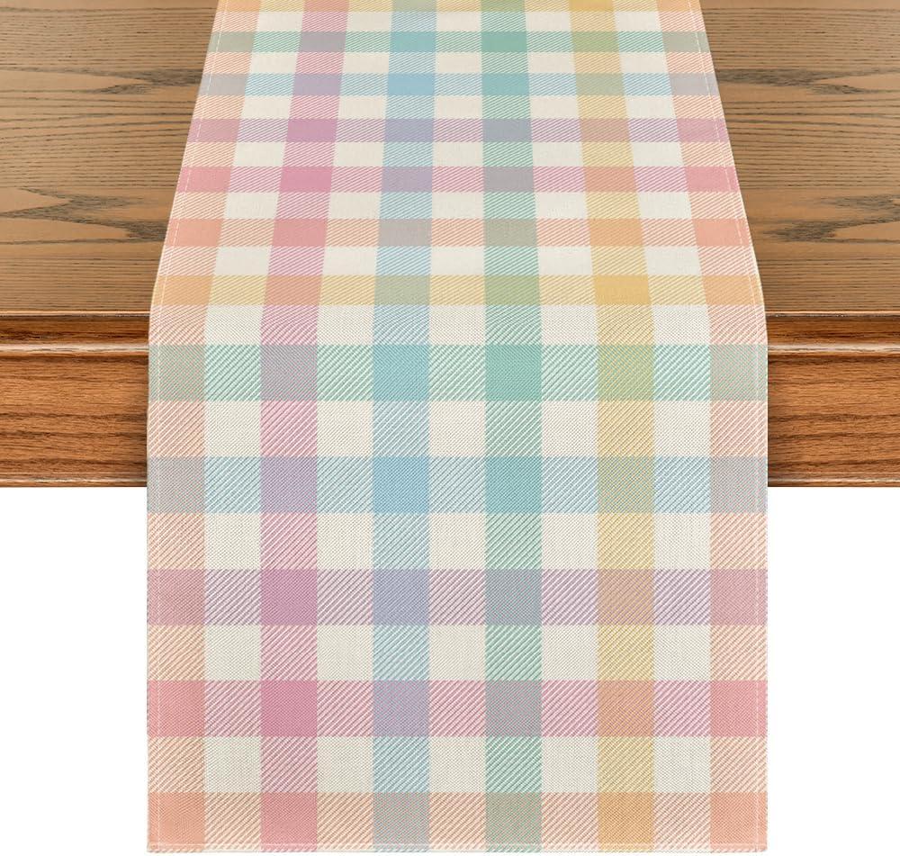 Artoid Mode Blue Pink Yellow Buffalo Plaid Table Runner, Daily Holiday Check Kitchen Dining Table Decoration for Home Party Outdoor 13x108 Inch