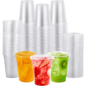 FOCUSLINE 200 PACK 12oz Clear Plastic Cups, Disposable Cold Drinking Cups, 12 Ounce Clear Cups with Flat Lids with Holes for Smoothie, Milkshake, Bubble Tea, Parfait