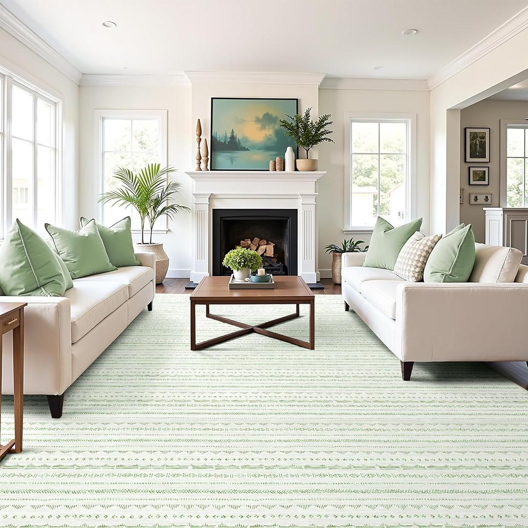 Sage Green Area Rugs 10x14 Living Room, Boho Rugs for Living Room Moroccan Large Rug Farmhouse Washable Rug with Non-Slip Backing, Neutral Morden Indoor Carpet for Bedroom Dining Room (10'x14')