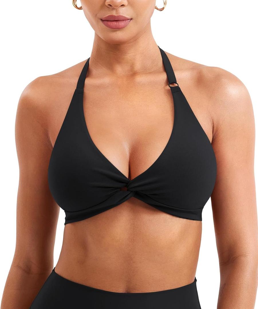 YEOREO Halter Sports Bras for Women Low Impact Removable Padded Adjustable Deep V Bra Seamless Workout Gym Crop Tops Small