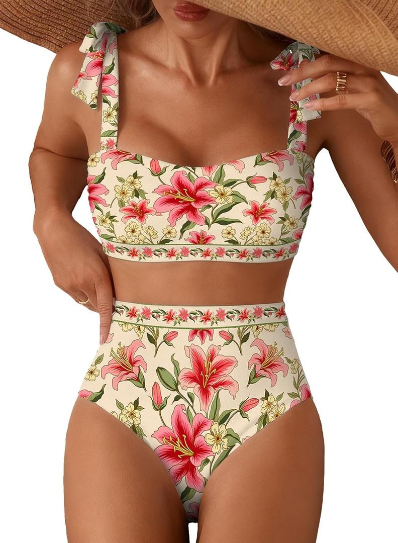 Herseas Women's Bikini Sets 2 Piece Flattering Swimsuits Shoulder Strap Knot Removable Pads High Waisted Tummy Control Bathing Suits Pink Lily Print Girls Cruise Essentials Small