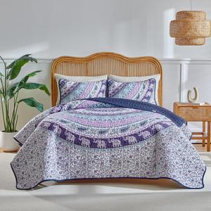Boho Quilt Set King Size - Reversible Summer Bohemian Quilt Bedding Set, 3 Pieces Colorful Lightweight Microfiber Bedspread Purple Elephant Paisley Circle Coverlet Set with Pillow Shams for Hot Day, King 102*90
