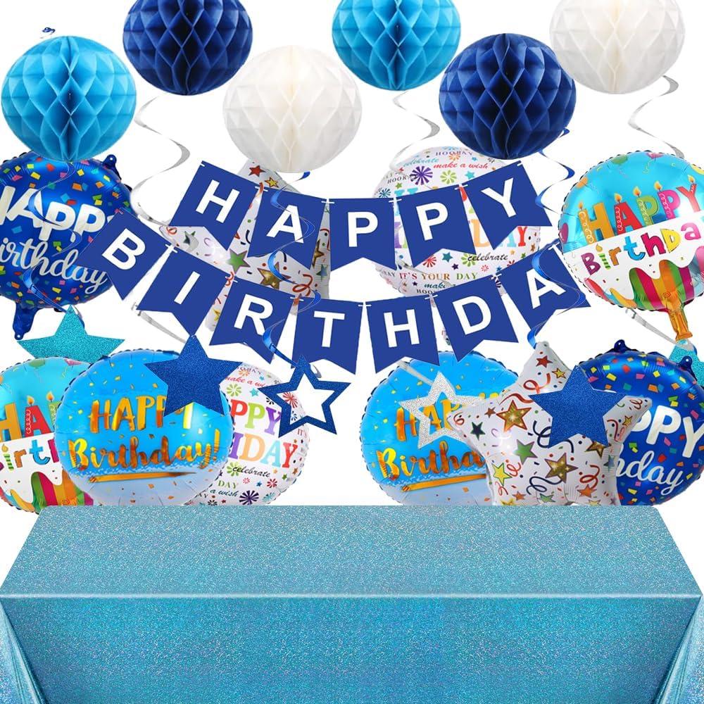Blue Happy Birthday Banner Decorations with Tablecloth, Pom Poms, Stars Swirl Streamers for Boys Women Girls Birthday Party Decorations