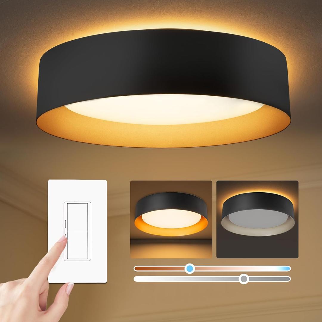 Bargeni Flush Mount Ceiling Light,12.5 inch LED Ceiling Light with Night Light,Matte Black with Gold Inside,24W/2700K/3000K/4000K/5000K/6000K/5CCT Selectable,Light Fixtures Ceiling Mount for Bedroom