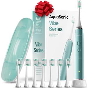 Aquasonic Vibe Series Ultra-Whitening Toothbrush  ADA Accepted Power Toothbrush - 8 Brush Heads & Travel Case  40,000 VPM Motor & Wireless Charging - 4 Modes w Smart Timer  Mint Green Metallic