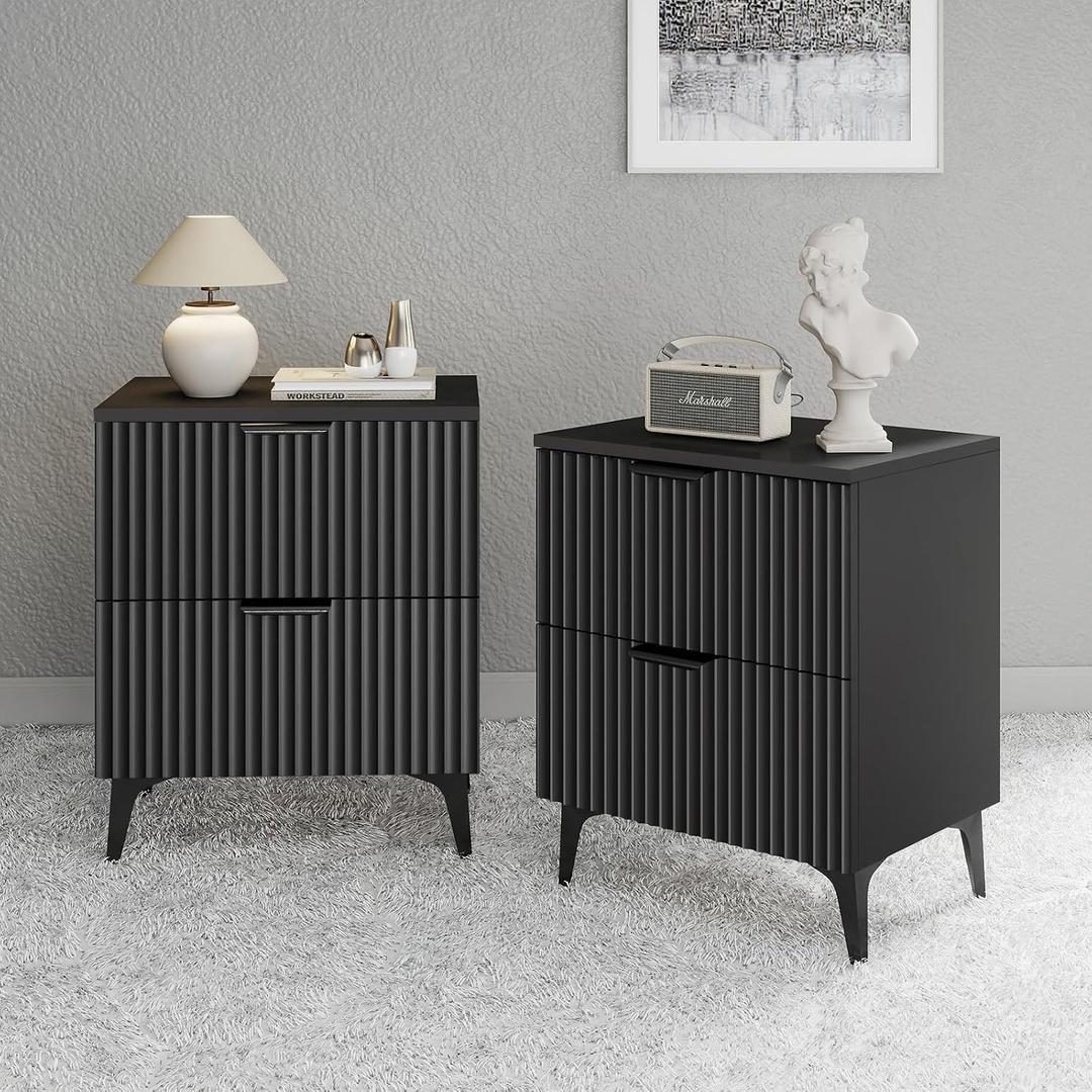 Wood Night Stand Set 2 Fluted Dresser for Bedroom 2 Drawers End Tables Nightstands Set of 2, Storage Modern Bedside Table Set of 2, Black Nightstand, 22.64" x 11.81" x 16.93"