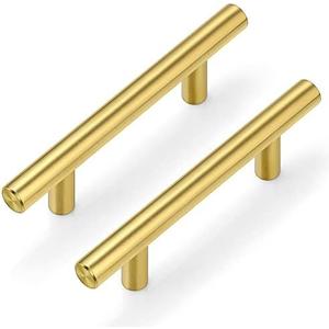 Plustool 10Pack 3''Hole Centers Gold Cabinet Handles-Brushed Brass Cabinet Pulls Gold Dresser Drawer Pulls-Stainless Steel Door Hardware for Kitchen Bathroom Bedroom Furniture-5''Overall Length