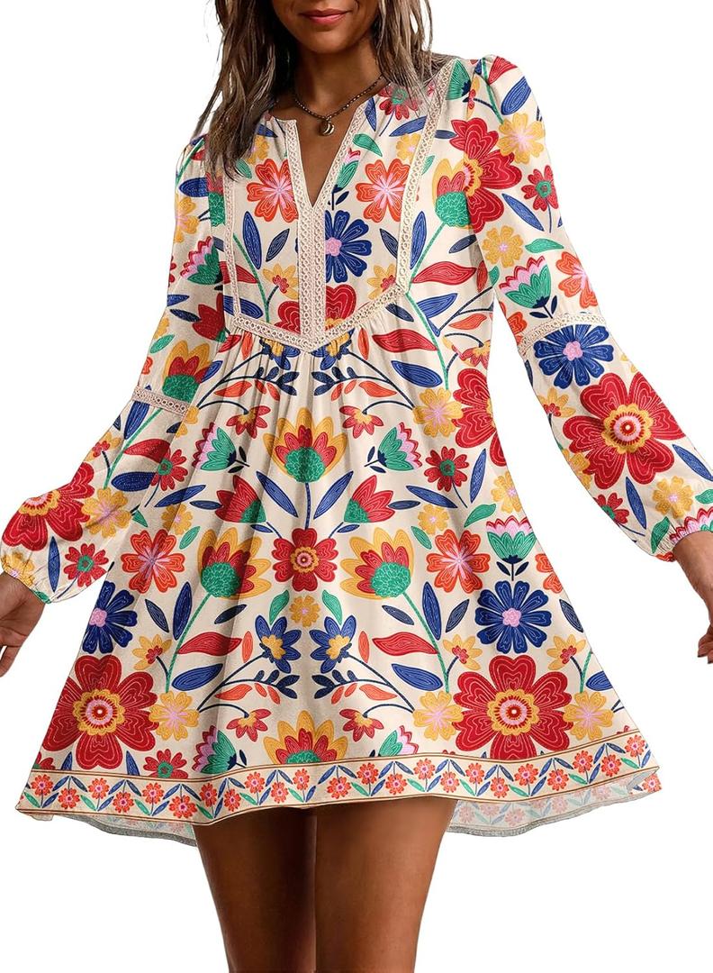 Dokotoo Boho Dresses for Women 2026 Floral V Neck Long Sleeve Embroidered Lace Beach Vacation Mini Dress (Medium, Multicolored)
