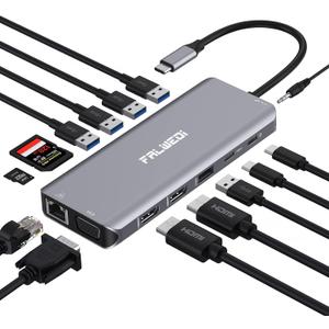 USB C Laptop Docking Station, 14 in 1 Type C Hub Multiport Adapter Dongle with 3 Monitors, Dual HDMI, VGA, PD, Ethernet, SD/TF, USB C/A Ports, Mic/Audio, Compatible for Dell/Surface/HP/Lenovo Laptops