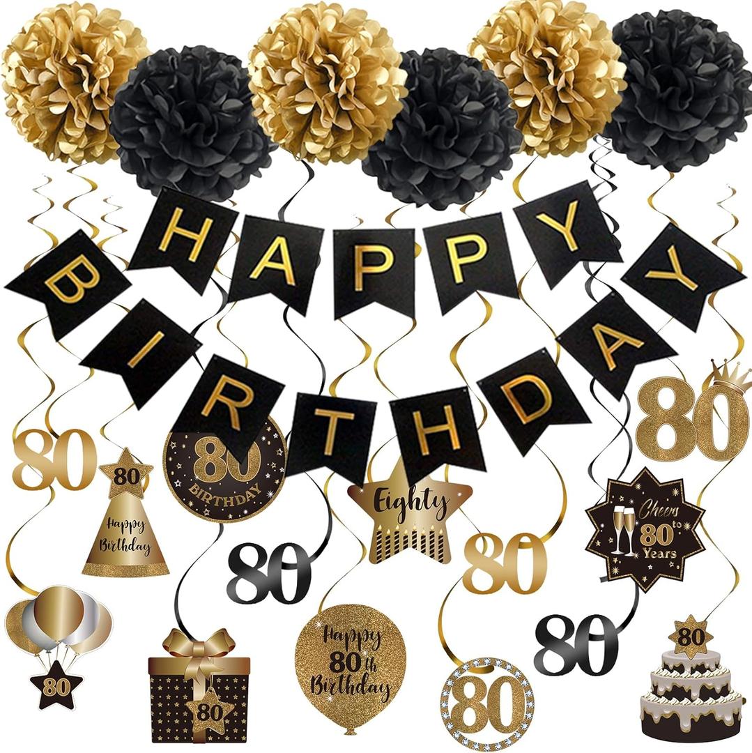 BRT Bearingshui Happy 80th Birthday Hanging Swirls Streamers Decoration, Happy Birthday Banner with Tissue Pompoms, Black and Gold 80 Years Old Birthday Party Hanging Backdrop Decorations