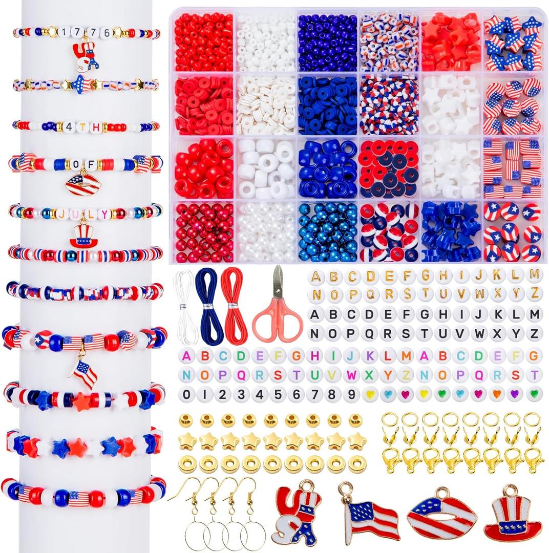 Goldwise 1578 Pcs 4th of July Red White Blue Beads Bracelet Making Kit with Clay Seed Plastic Pony Pearl Beads, Patriotic USA Flag Star Beads, Metal Charms Earrings for Jewelry Making
