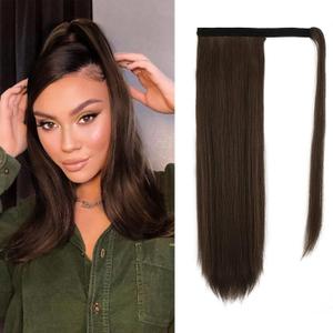BARSDAR Chocolate Brown Straight Wrap Ponytail Extension - 18 Inch Long Straight Wrap Around Ponytail Hair Extensions for Women, Synthetic Clip in Brown Pony Tails Hairpieces Daily