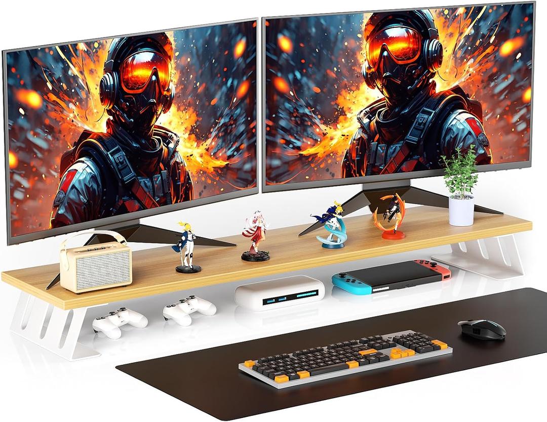 Dual Monitor Stand - 39Inch Large Wood Monitor Stand Riser,Desk Monitor Riser Support for 2 Monitor/Laptop Computer/, Desk Organizer for Gamming Room&Office, Extension Monitor Stand Riser (White 1 level)
