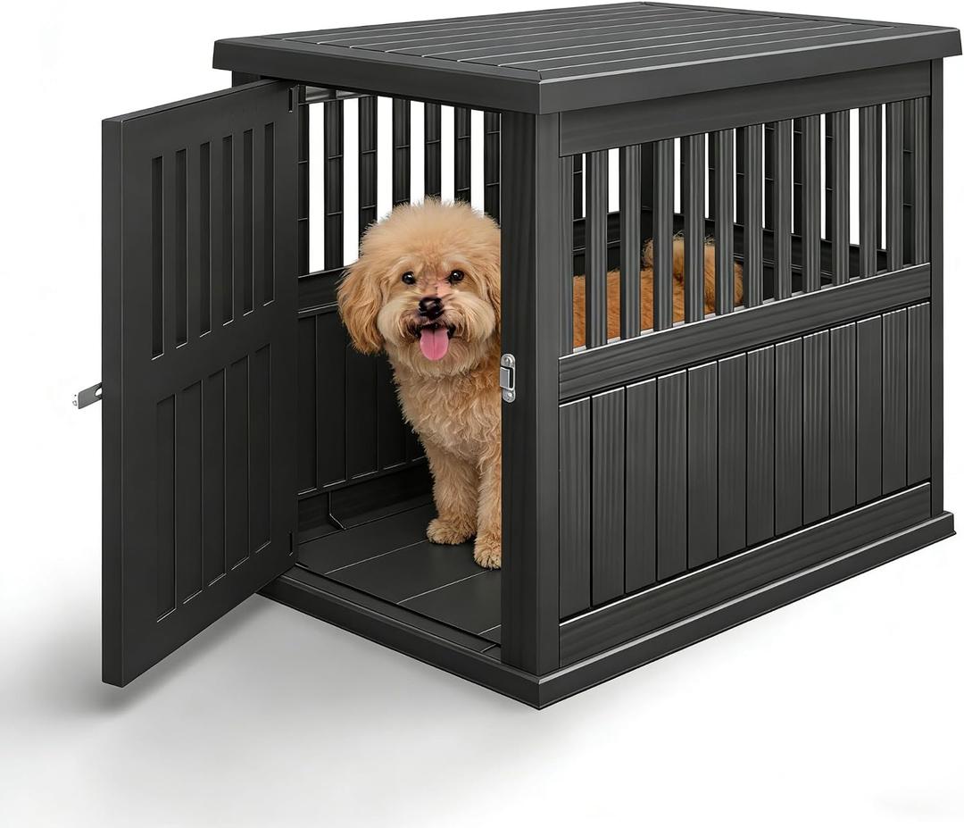 Bifanuo Dog House 30-Inch Dog Crate Furniture, Heavy Duty Dog Crate for Small Dog, Lockable Indoor Outdoor Dog Kennel & End Table, Decorative Plastic Pet Cage (Classic Black, 29.5"D x 21"W x 25.2"H)
