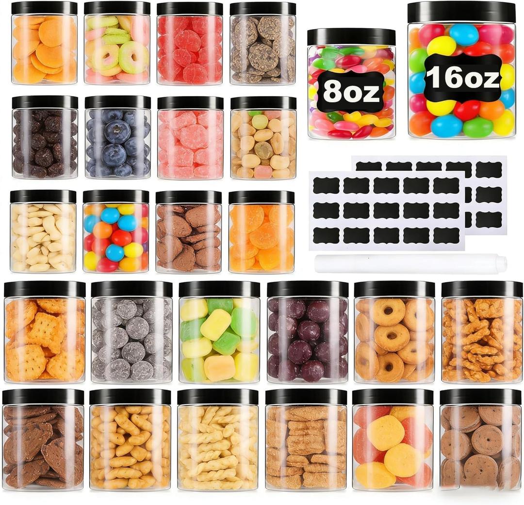 Large & Small Plastic Jars Combo (24 Pack) 12 Large 16 oz & 12 Small 8 oz Leak-Proof Clear Containers with Lids, Mason Jars, Perfect for Storing Spices, Cookie, Candy, Slime and Dry Food, Empty Jars