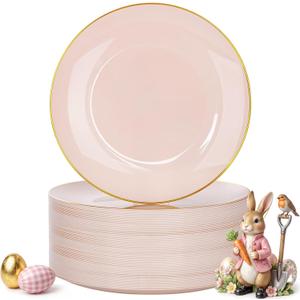 Nervure 100PCS Pink and Gold Plastic Plates - 10.25 inch Pink Disposable Plates with Gold Rim - Party Plate - Dinner Plate Ideal for Wedding & Party