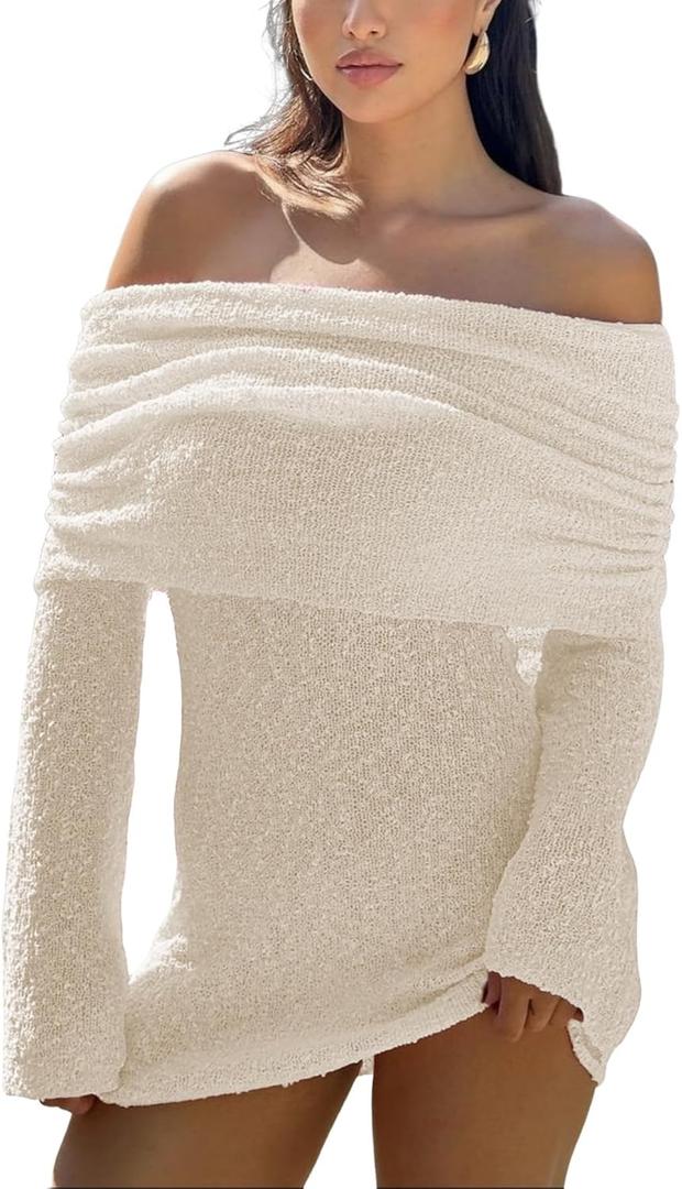 Unybwonn Women's Off Shoulder Mini Short Dress Bodycon Long Sleeve Crochet Sexy Going Out Mesh Elegant Sweater Dresses (Medium, Beige)