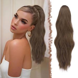 FESHFEN Ponytail Extensions, Long Claw Clip in Ponytail Hairpiece Synthetic Pony Tails Hair Piece Natural Wavy Hairpieces for Women, Multi Brown 20 inch