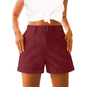 AWULIFFAN Womens Casual High Waist Shorts Relaxed Fit Rolled Hem Summer Shorts with Pockets 2025(Wine Red,X-Large)