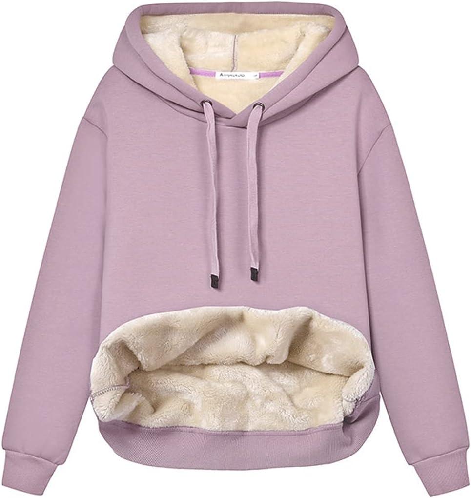 Gnveub Women's Casual Winter Warm Fleece Sherpa Lined Hooded Sweatshirt Thick Pullover Plus with Pockets (Large, Purple)
