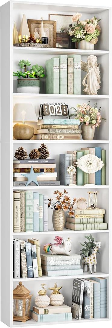 FACBOTALL 82" Tall Bookshelf, 7-Tier Open Shelves Bookcase, Freestanding Display Storage Shelves, Tall Bookcase Home Decor Furniture for Home Office, Living Room, Bedroom, White, 82.7 x 23.6 x 9.3 inches