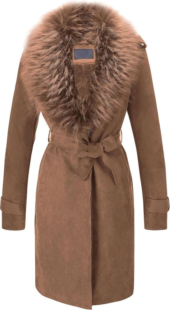Bellivera Women Faux Leather Trench Coat Fleece-Lined Mid-length Jacket with Detachable Fur Collar (Large, Brown)