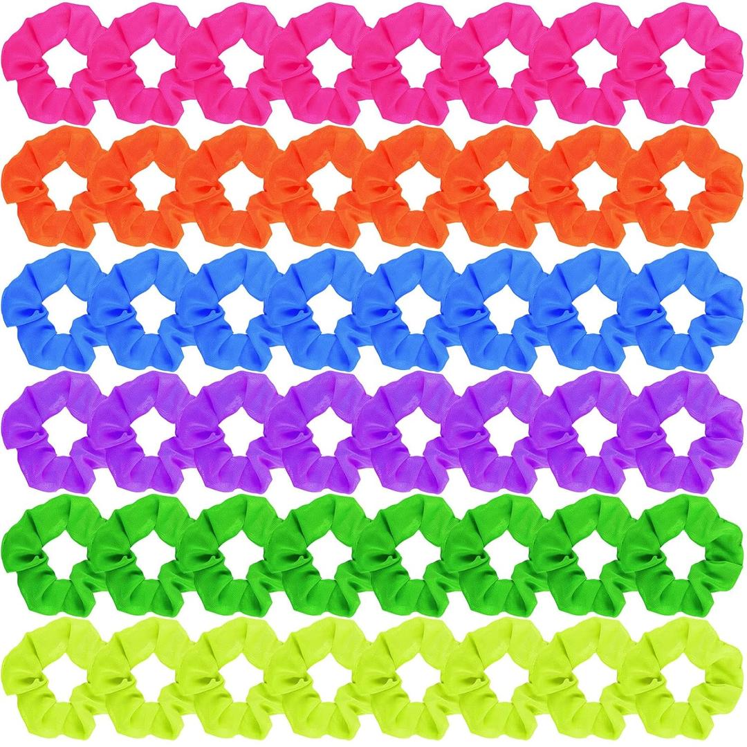 XunYee 48 Pcs Neon Scrunchies Bulk for 80s Hair Ties Bright Color Neon Hair Accessories Scrunchy Elastic Hairbands for Women Ropes Ponytail Bands 90s Party Outfits Workout, 6 Solid Colors