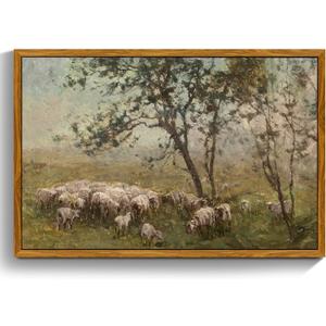 crmotu Vintage Framed Wall Art, Animal Landscape Canvas Prints, Prairie Sheep Rustic Farmhouse Decor Pictures, French Country Retro Paintings Wall Decor Living Room Bedroom Bathroom Kitchen 16x24in