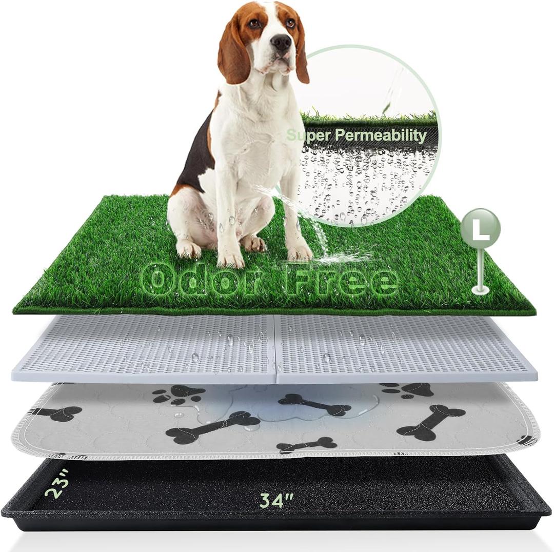 HQ4US 4LEGS Dog Grass Pad with Tray Large 3423, Ultra-Absorbent Artificial Grass Pad for Dogs Potty Grass Hemmed Edge for Indoor Potty Training, Reusable Dogs Pee Pads, Dog Litter Box for Balcony