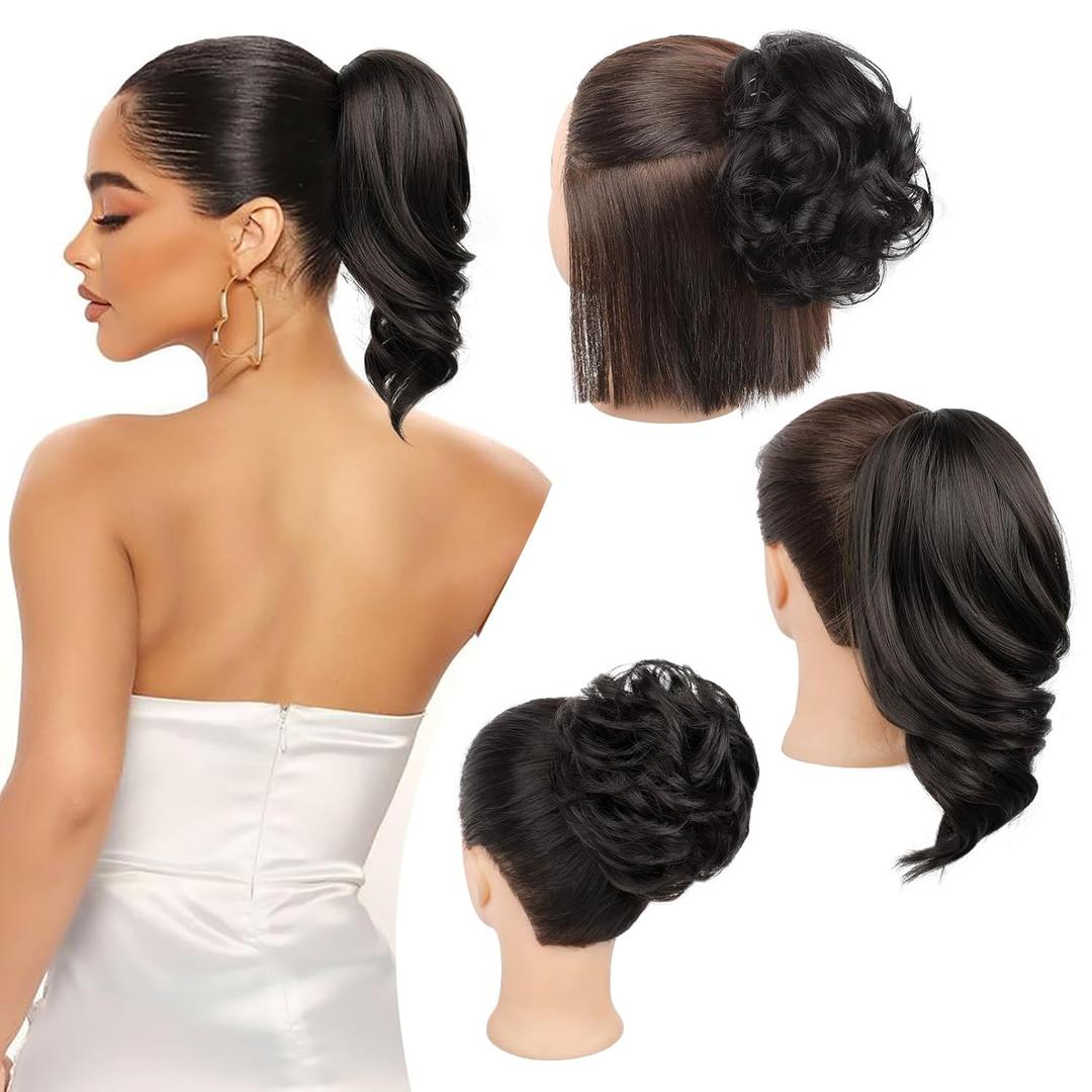 REECHO Ponytail Extension, Messy Bun Hair Pieces 3-in-1 Claw Clip in Ponytail Hair Extensions Short Natural Wavy Hair Bun Hairpieces for Women with Short Thin Hair - Black Brown