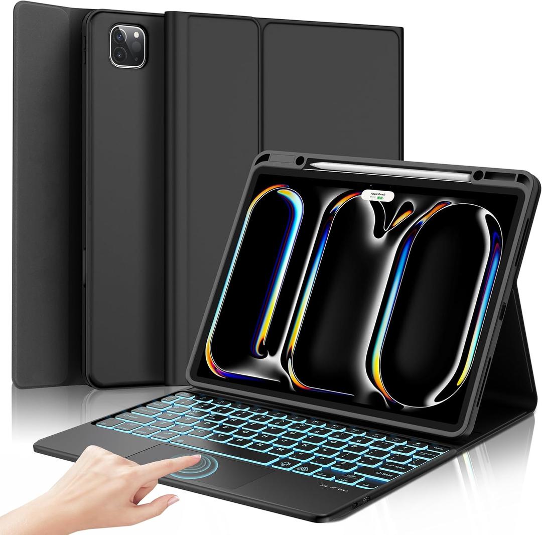 D DINGRICH iPad Pro 13 inch Case 2024 with Keyboard, Magnetic Bluetooth Keyboard with Multi-touch Trackpad, 7 Color Backlit, Smart Folio Leather Cover with Pencil Holder for iPad Pro 13-inch M4, Black