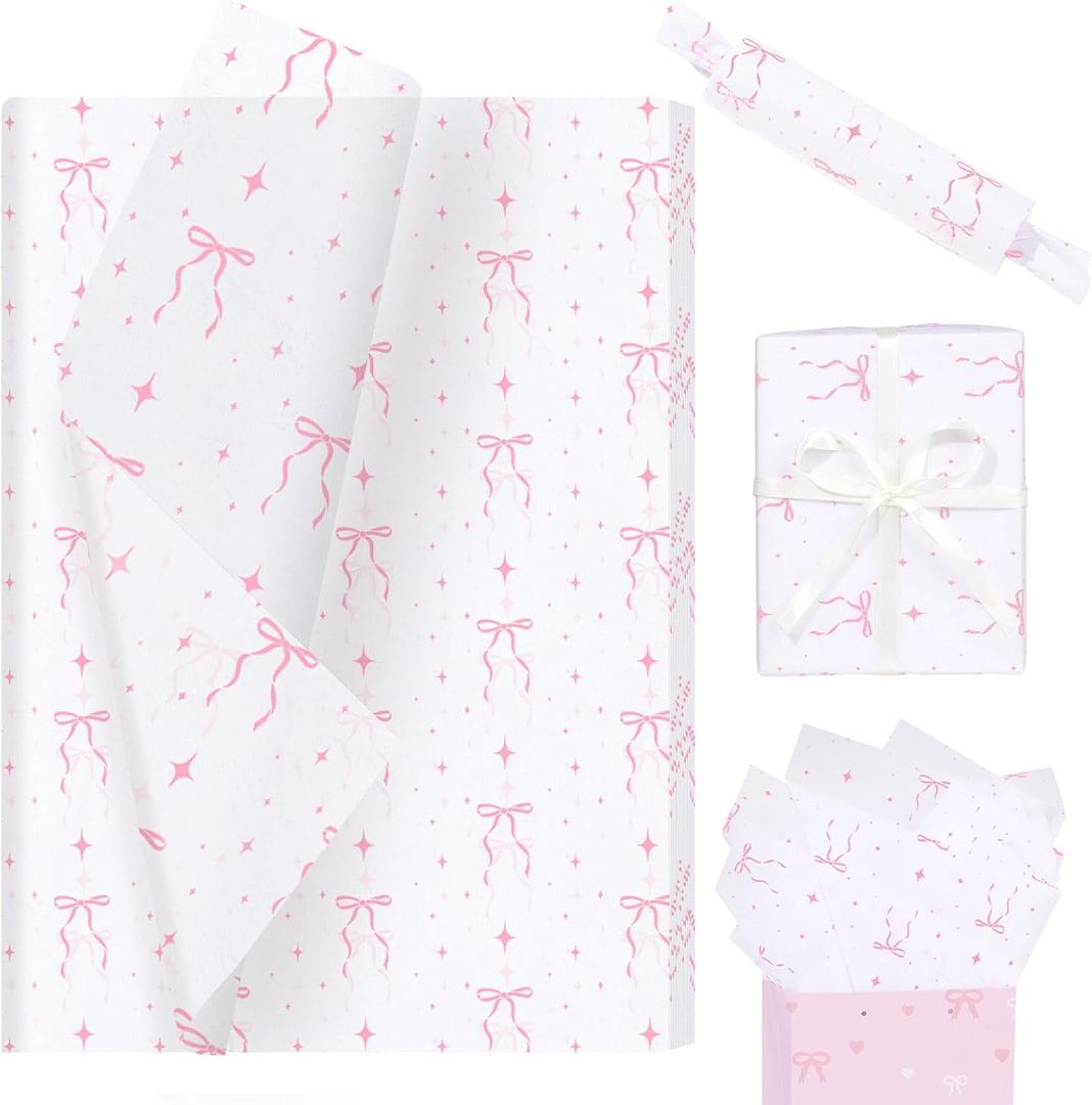 Pineraap 100 Sheets Pink Bow Tissue Paper, Cute Bowknot Printed Gift Wrap Decorative Tissue Paper for Coquette Party Birthday Bachelorette Wedding Bridal Shower DIY Crafts, 14 x 20 Inch