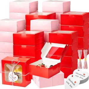 Maxcheck 100 Pcs Valentine's Day Cookie Boxes with Window 4x4x2.8 Inch Red Pink Pastry Bakery Treat Boxes Individual Cupcake Container for Valentines Macaroon Wedding Birthday Party