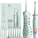 HUACOCARE Kids Water Flosser & Electric Toothbrush Combo | Giraffe & Monkey Design | 3 Gentle Modes & 2 Sonic Modes | All-in-One for Healthy Brushing Habits |Braces-Friendly | Gift for Boys & Girls (Lightgreen)