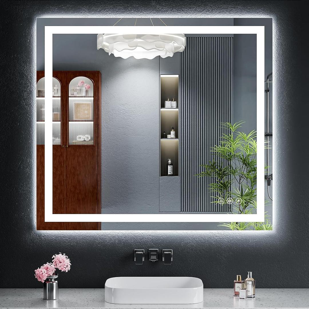 40"x36" LED Bathroom Mirror with Lights, Backlit + Front Lit with CRI>90, Lighted Mirror for Bathroom, Anti-Fog, Dimmable Brightness, 3 Colors, Memory Function, Shatterproof Tempered Glass