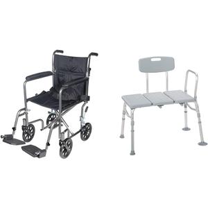 Drive Medical TR37E-SV Lightweight Folding Transport Wheelchair with Swing-Away Footrest, Silver & 12011KD-1 Tub Transfer Bench for Bathtub, Height Adjustable Shower Bench