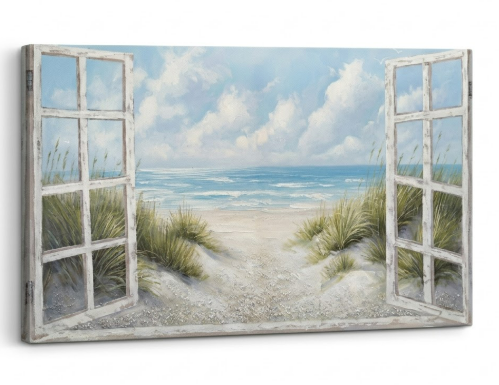 Window Beach Wall Art Prints Large tropical Seascape Picture Coastal Ocean Landscape Canvas Bedroom Blue Ocean Artwork Relaxing Living Room Sea Scene Painting Horizontal Summer Seascape Decor 48 x 24