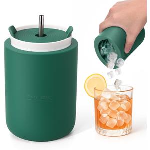 3 in 1 Ice Cube Bottle with Straw, Cylinder Silicone Water Bottle Ice Cube Maker for Freezer with Lid - Easy Release Ice Cube Tray Molds, Leakproof No Spill Design - Reusable (Green)