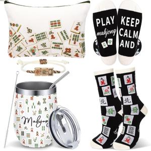 Patelai 4 Pcs Mahjong Gifts for Women 12oz Stainless Steel Insulated Tumbler Mahjong Coin Purse Cosmetic Bag Luck Bracelet Socks for Valentine Accessories Ornament Birthday Gifts