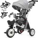 JMMD 8 in 1 Tricycle Stroller with Push Handle, Foldable Trike with 360 Swivel Seat, Reclining Backrest, All-Terrain Wheels, Dual Brakes, Canopy & Storage, Gift for Kids 18 Months to 5 Years, Gray