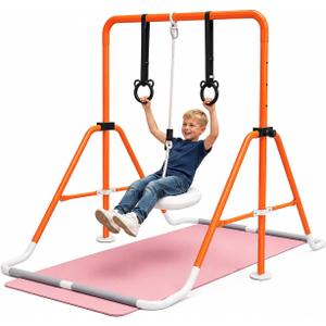Gymnastics Bar for Kids Ages 3+, Foldable Gymnastic Kip Bar with Mat, Swing & Rings, 5 Adjustable Heights 35-51 in, Stable A-Frame Horizontal Bar